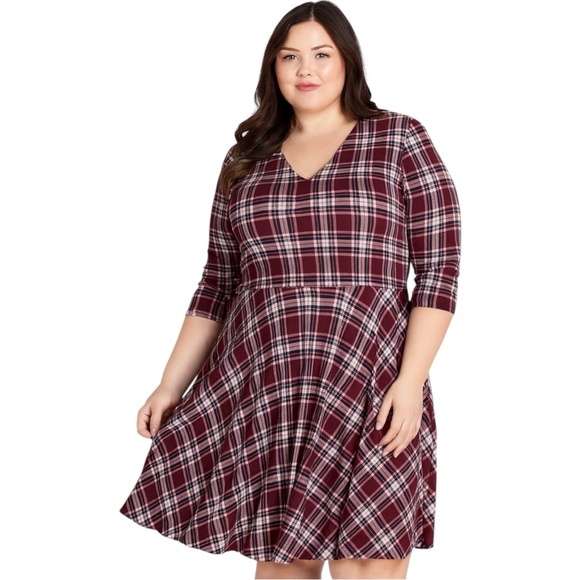 Plaid Fit & Flare Dress Plus Size 3X Burgundy Checkered Midi Fall Winter Outfit - Picture 1 of 16